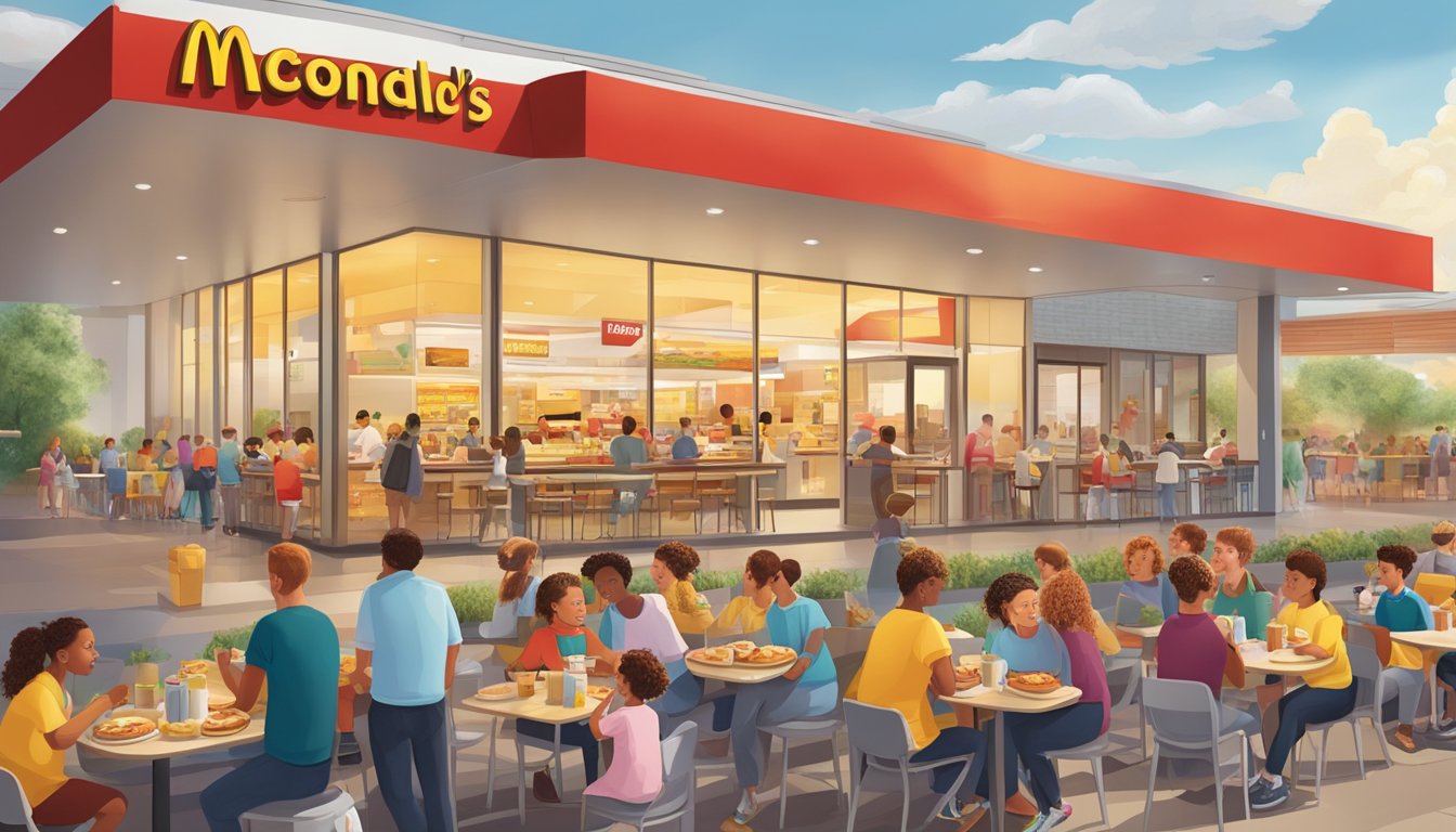 A bustling McDonald's restaurant at breakfast time, with families enjoying their meals and the iconic golden arches visible in the background