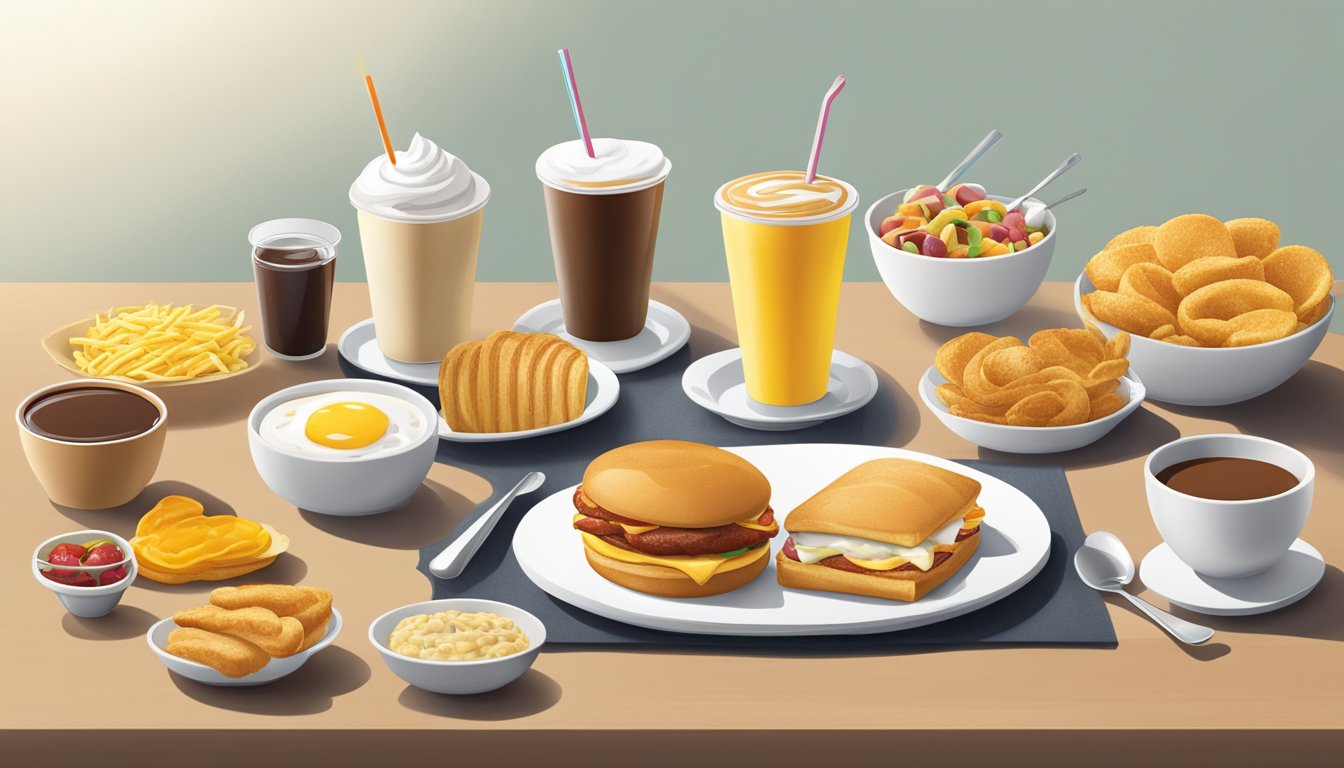 A colorful McDonald's breakfast spread with gluten-free options arranged on a table