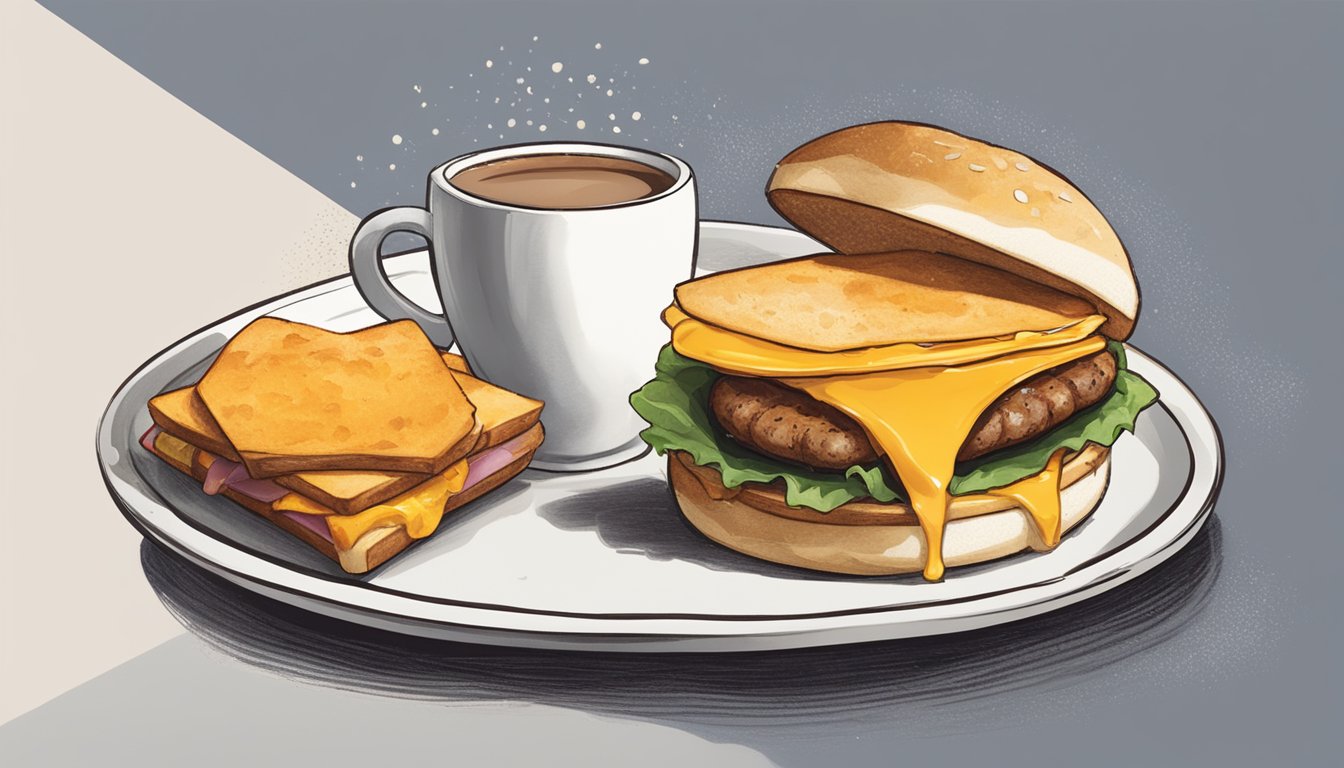 A breakfast sandwich with sausage, cheddar, and egg sits on a plate next to a steaming cup of coffee