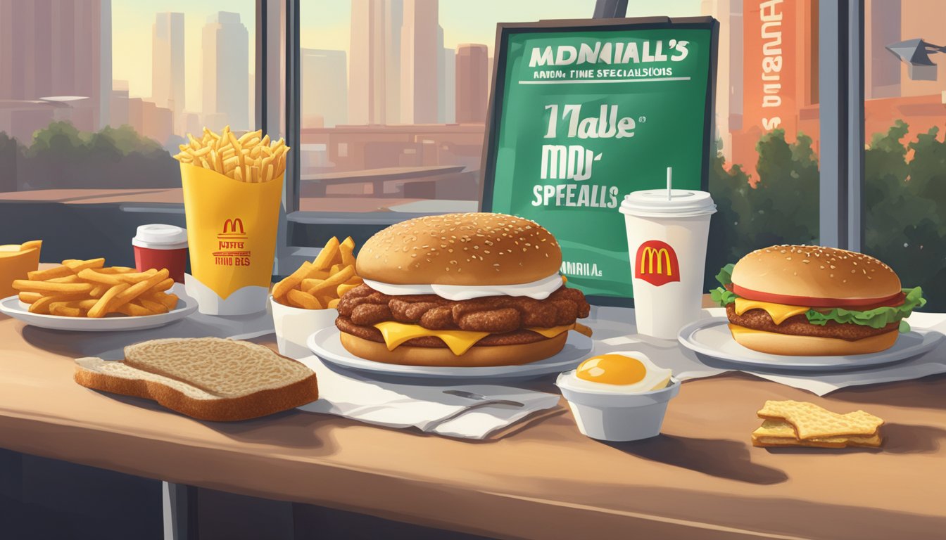 A table filled with iconic McDonald's breakfast items, with a McRib sandwich featured prominently next to a sign advertising limited-time specials