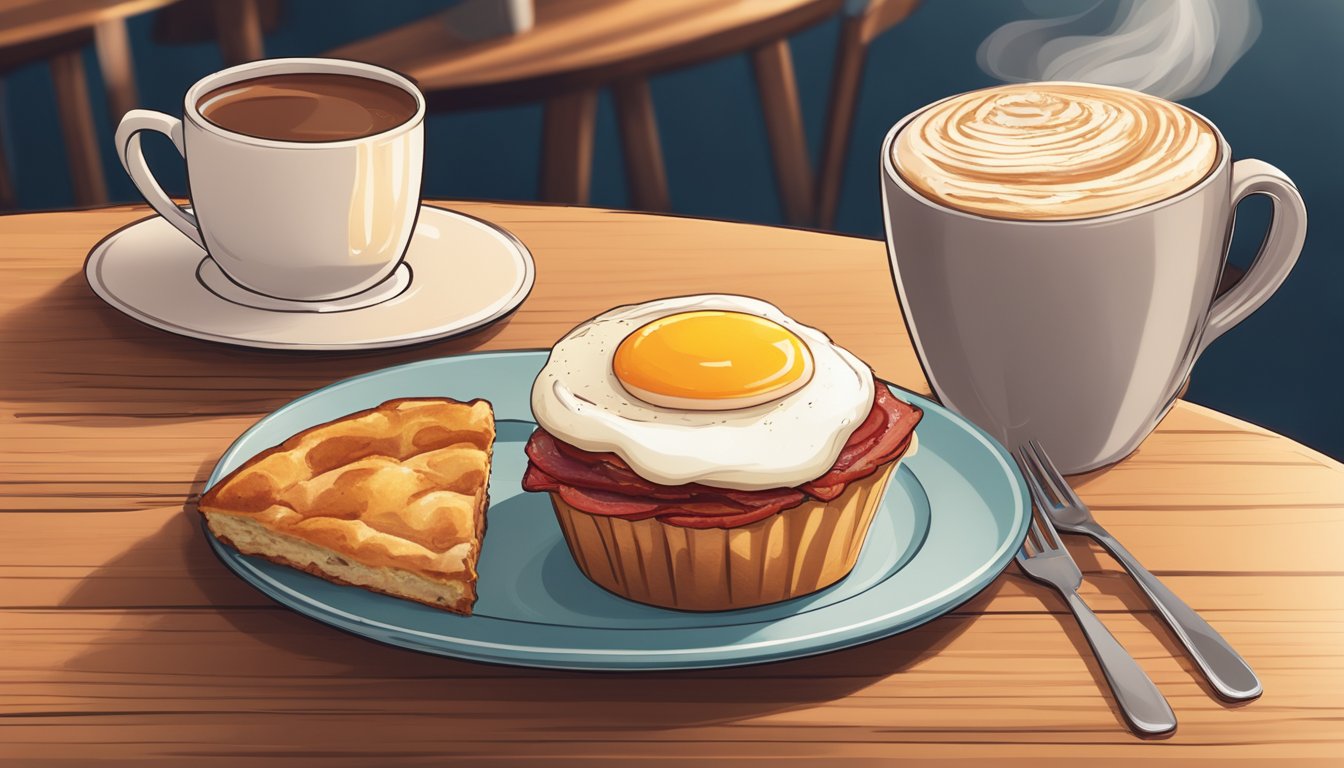 A plate with a turkey bacon and egg white muffin top, accompanied by a steaming cup of coffee, sits on a wooden table in a cozy café