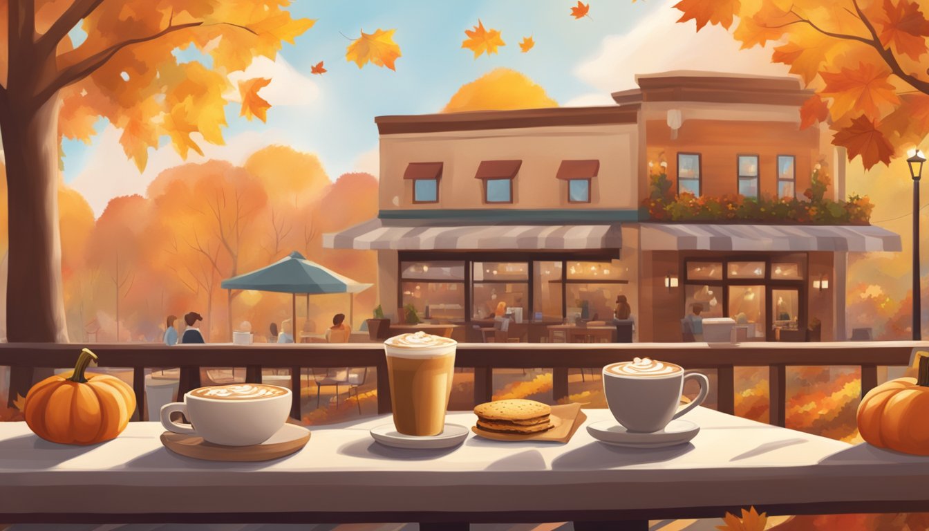 A cozy cafe with a steaming pumpkin spice latte and a McDonald's breakfast spread, surrounded by fall foliage and warm sunlight