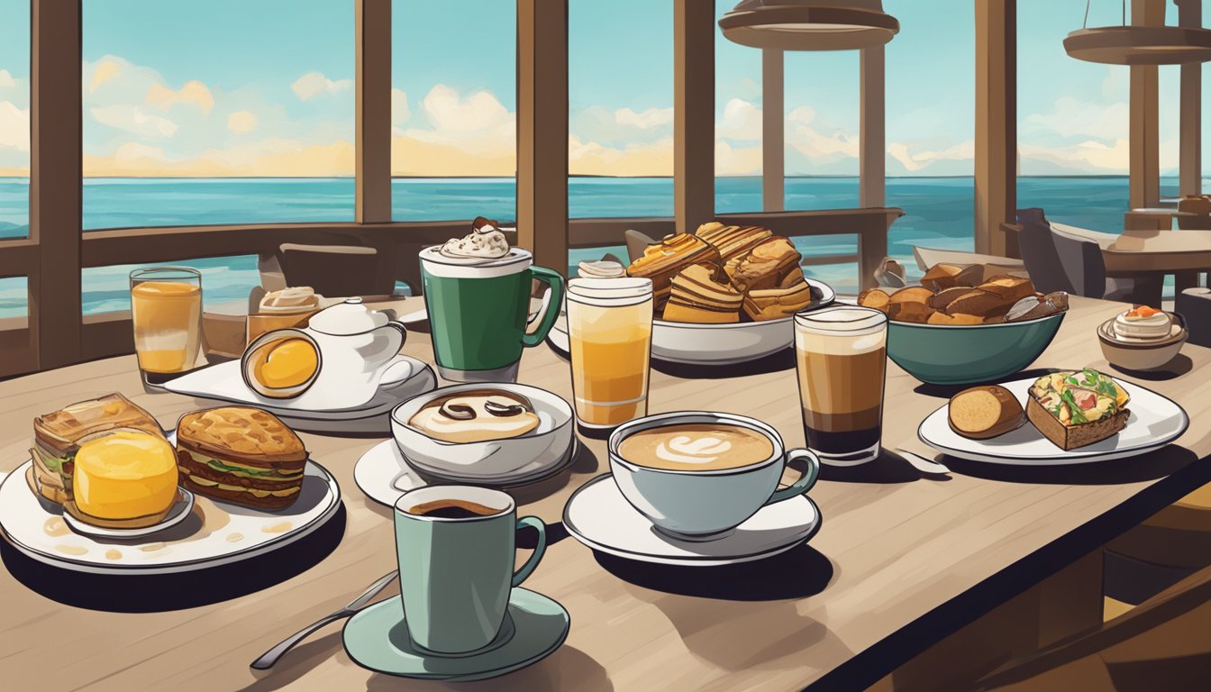 A steaming espresso shot surrounded by 15 breakfast items on a secret menu at Starbucks, with the undertow of the ocean in the background