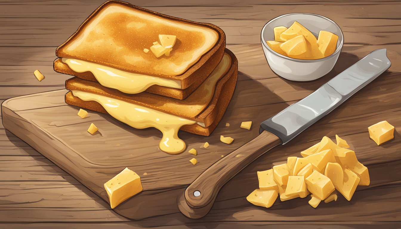 A golden-brown grilled cheese sandwich sits on a rustic wooden board, surrounded by crumbs and a smear of melted cheese