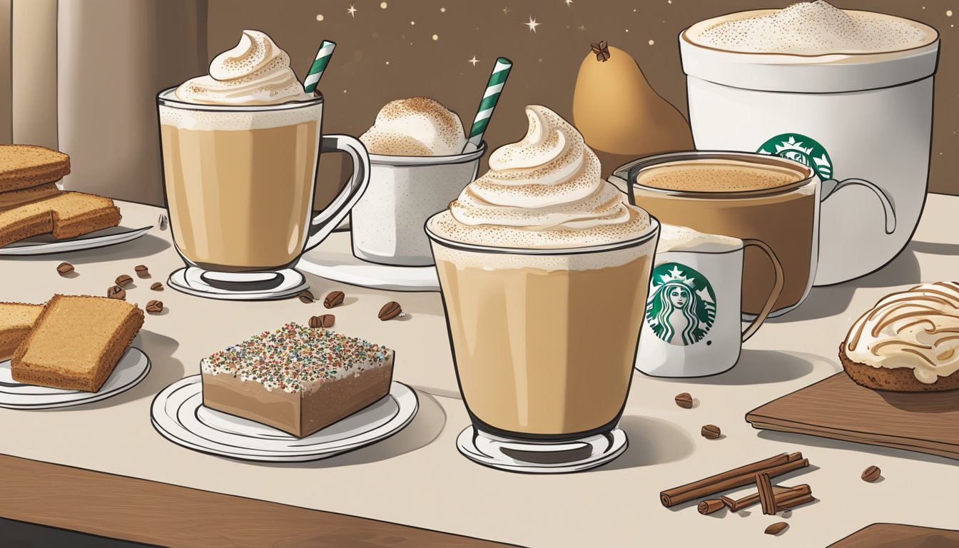 A steaming eggnog chai latte sits on a table, surrounded by other secret menu breakfast items at Starbucks. The warm, festive drink is adorned with a sprinkle of nutmeg