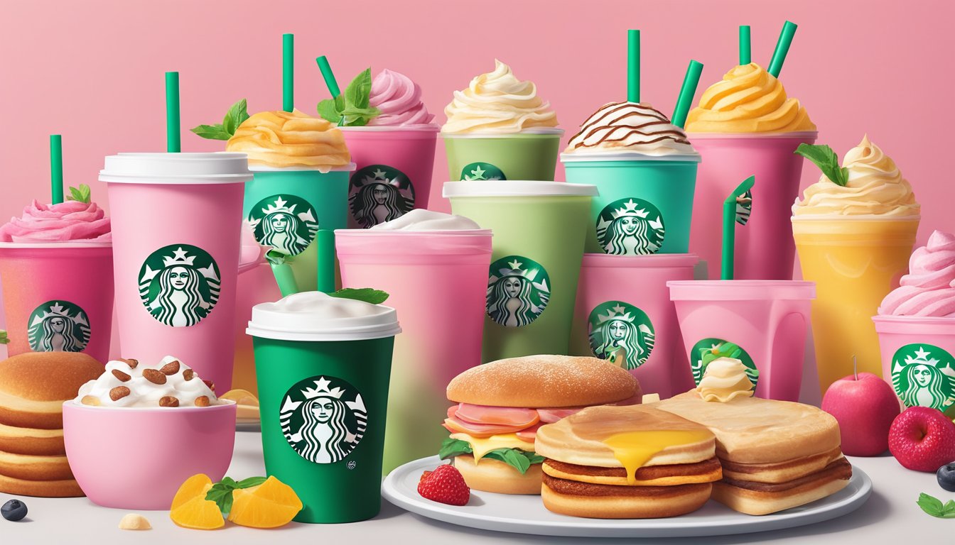 A colorful array of Starbucks breakfast items and the iconic Pink Drink, arranged on a table with a backdrop of the Starbucks logo