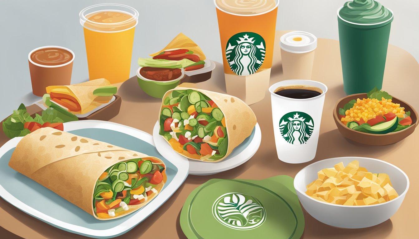 A colorful Southwest Veggie Wrap surrounded by other popular Starbucks breakfast items on a clean, modern table