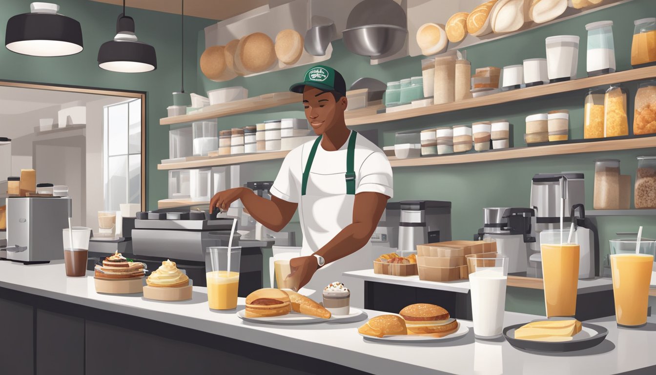 A barista preparing a variety of breakfast items using real milk at a Starbucks counter