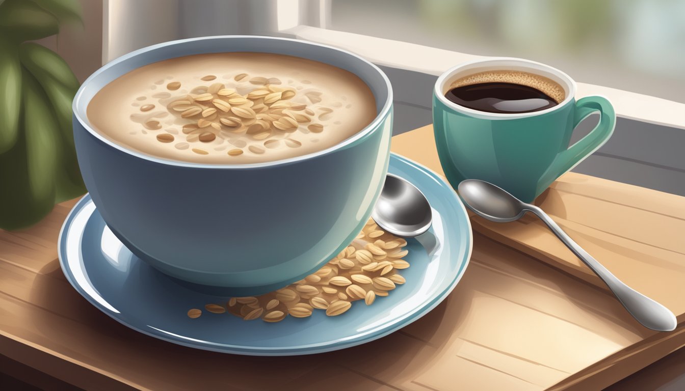 A cozy coffee shop table with a bowl of oatmeal, a spoon, and a steaming cup of coffee