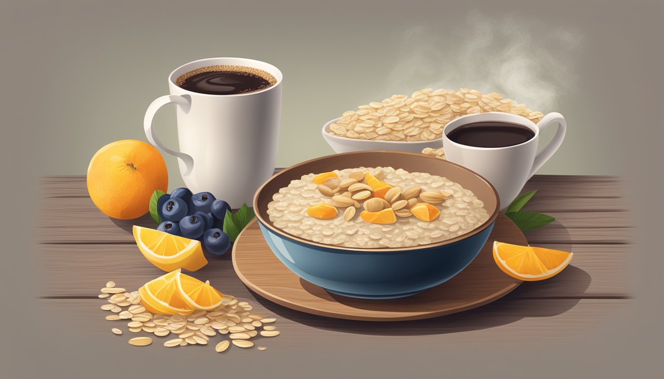 A bowl of classic oatmeal sits on a rustic wooden table, surrounded by a mug of steaming coffee and a plate of fresh fruit