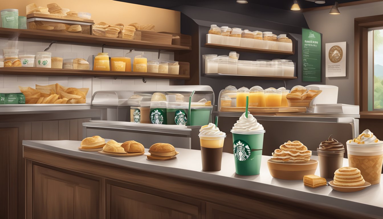 A cozy Starbucks counter with a variety of warm vanilla whip breakfast items displayed on the menu board