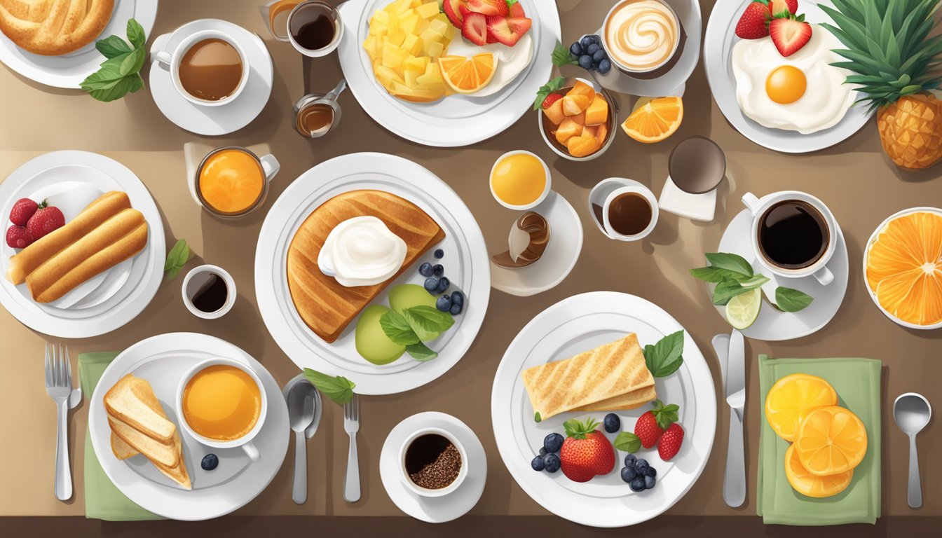 A table with a variety of Starbucks breakfast items arranged neatly on white plates, accompanied by steaming cups of coffee and a colorful assortment of fresh fruits