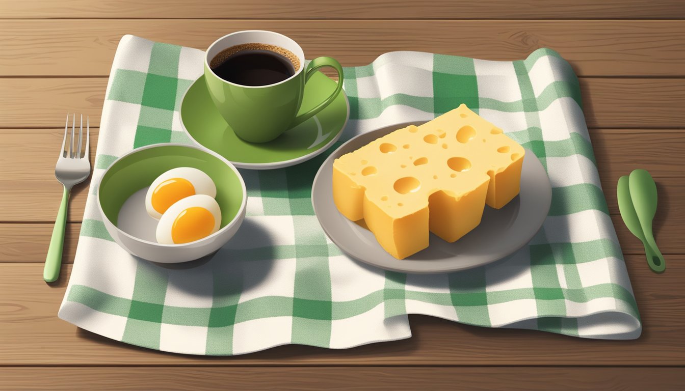 A protein box with eggs and cheddar sits on a wooden table, surrounded by a cup of coffee and a green napkin