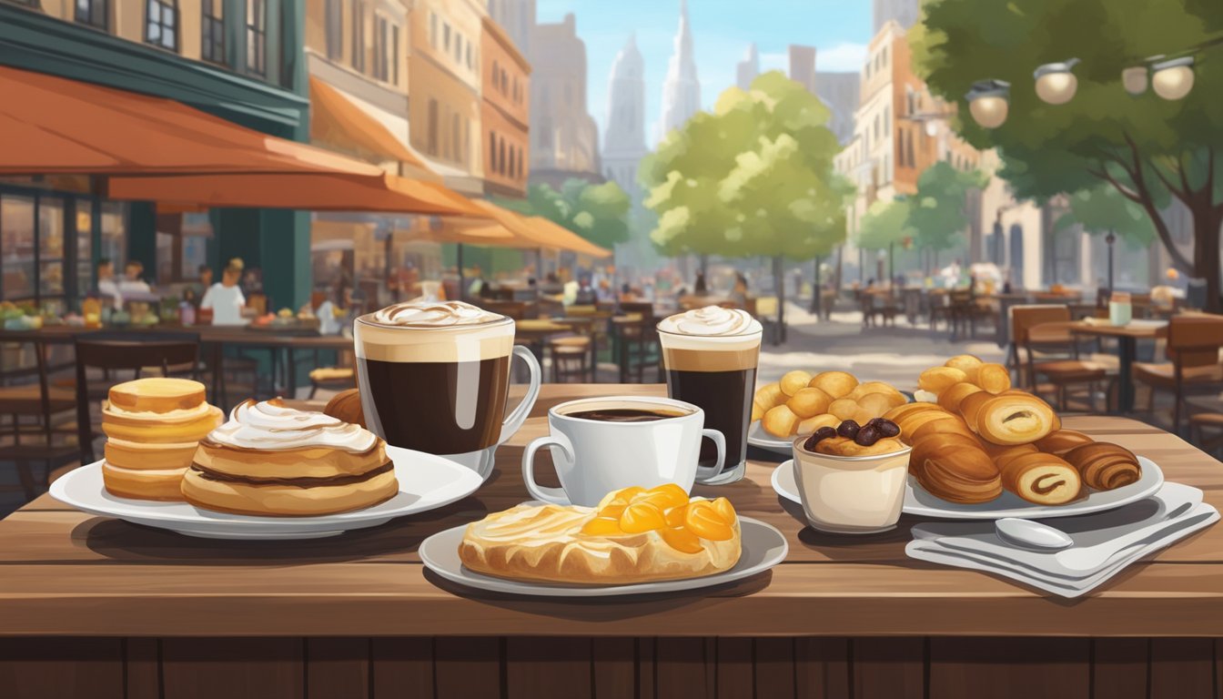 A steaming espresso con panna sits on a rustic wooden table surrounded by a spread of breakfast items, including pastries and fruit, all set against the backdrop of a bustling Starbucks cafe