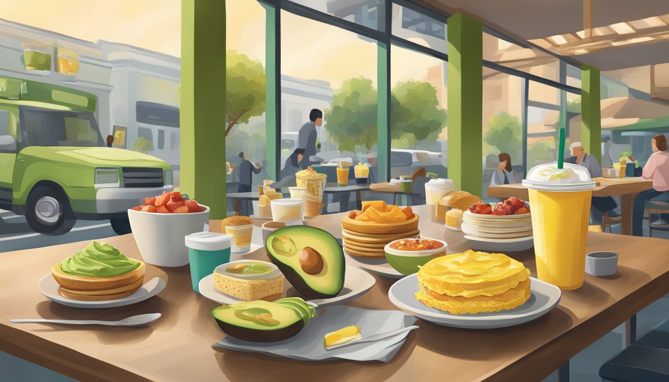 A table set with a colorful array of breakfast options, including avocado spread, at a bustling Starbucks cafe