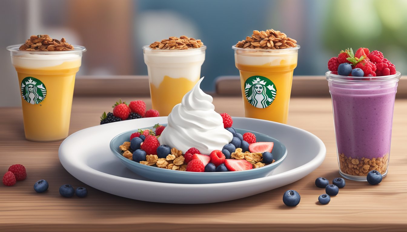 A colorful array of berries, granola, and yogurt arranged on a wooden table, with a Starbucks logo in the background