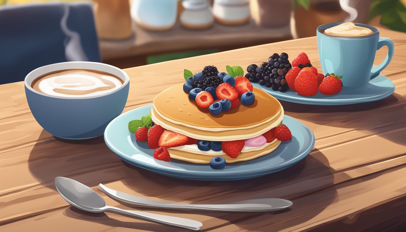 A steaming cup of coffee sits next to a stack of pancakes topped with fresh berries, while a breakfast sandwich and a yogurt parfait are arranged on a wooden table