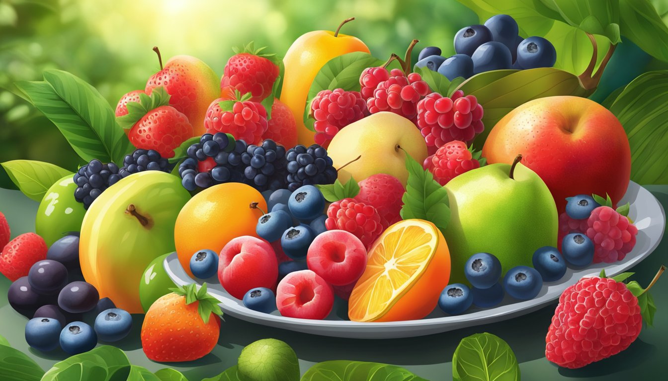 A colorful array of fresh fruits and berries arranged in a vibrant display, surrounded by lush green leaves and a hint of morning sunlight