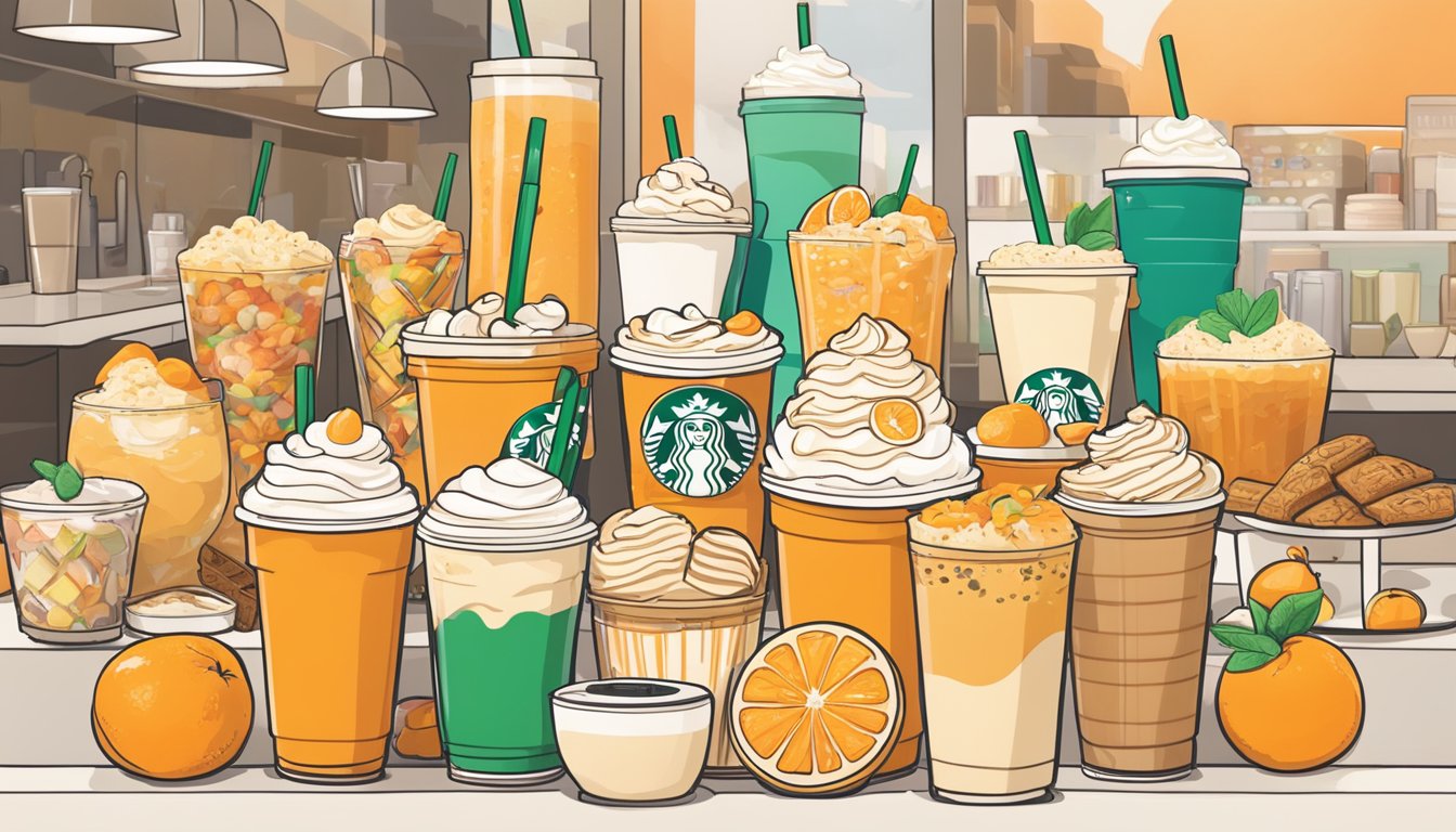 A vibrant orange creamsicle frappuccino surrounded by various breakfast items on a Starbucks counter