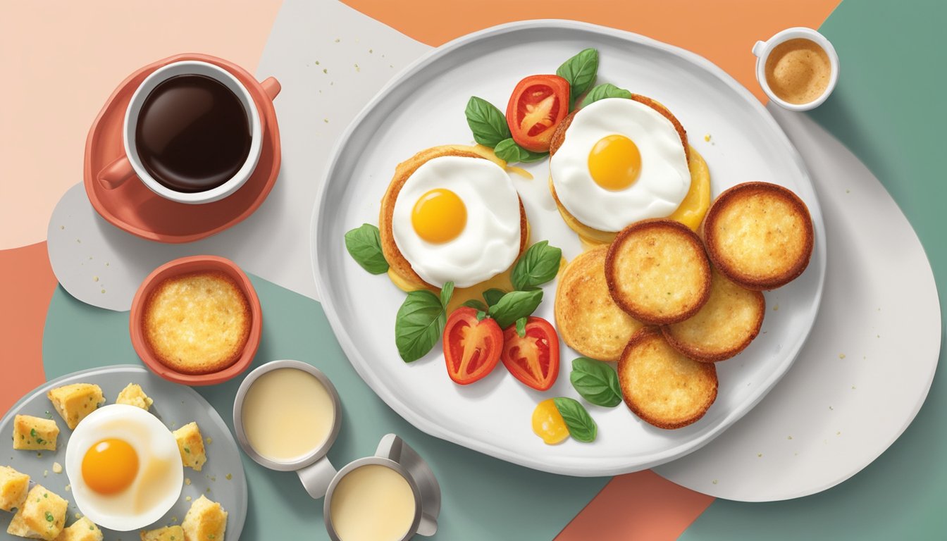 A plate of egg white and roasted red pepper sous vide egg bites with a backdrop of other Starbucks breakfast items under 300 calories