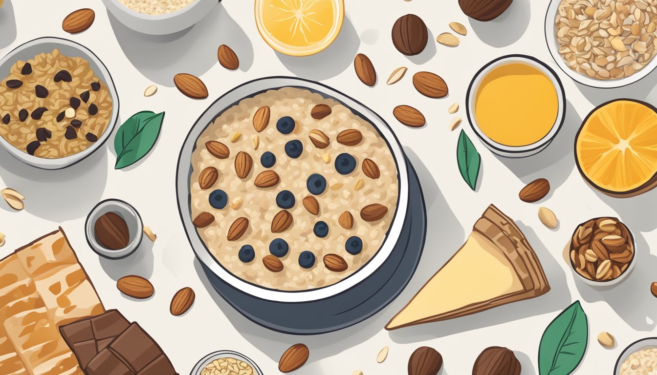 A bowl of oatmeal topped with a mix of nuts and seeds, surrounded by various breakfast items from Starbucks, all under 300 calories