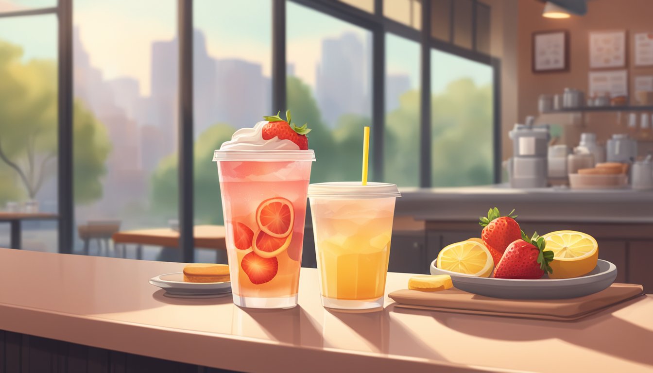 A tall glass of strawberry lemonade tea sits next to a stack of breakfast items on a Starbucks counter, surrounded by a hazy morning light