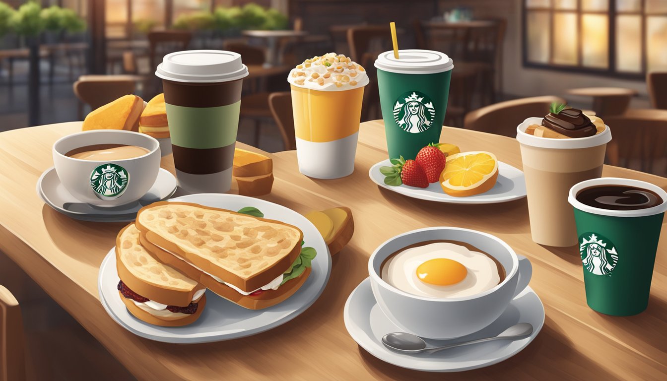 A table with a variety of Starbucks breakfast items, including oatmeal, fruit, yogurt, and egg sandwiches, surrounded by a warm and inviting coffee shop atmosphere