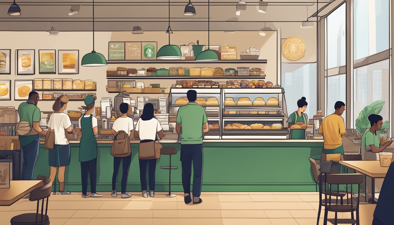 A bustling Starbucks store with a barista preparing off-menu breakfast items while customers eagerly await their secret menu orders