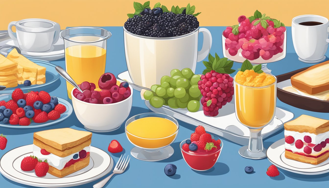 A colorful Berry Trio Parfait sits among 11 other breakfast items, all neatly arranged on a table