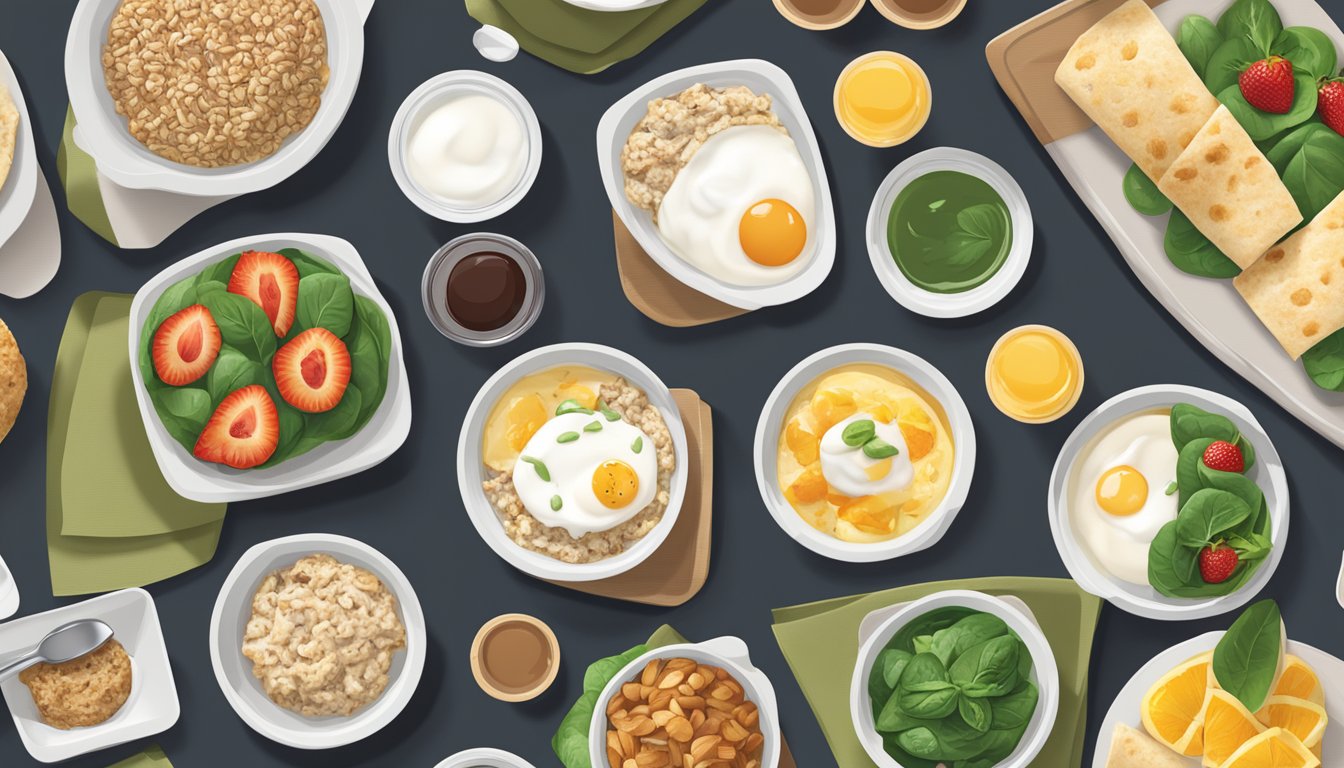 A table with a variety of healthy breakfast options from Starbucks, including oatmeal, yogurt parfaits, fruit cups, and egg white and spinach wraps