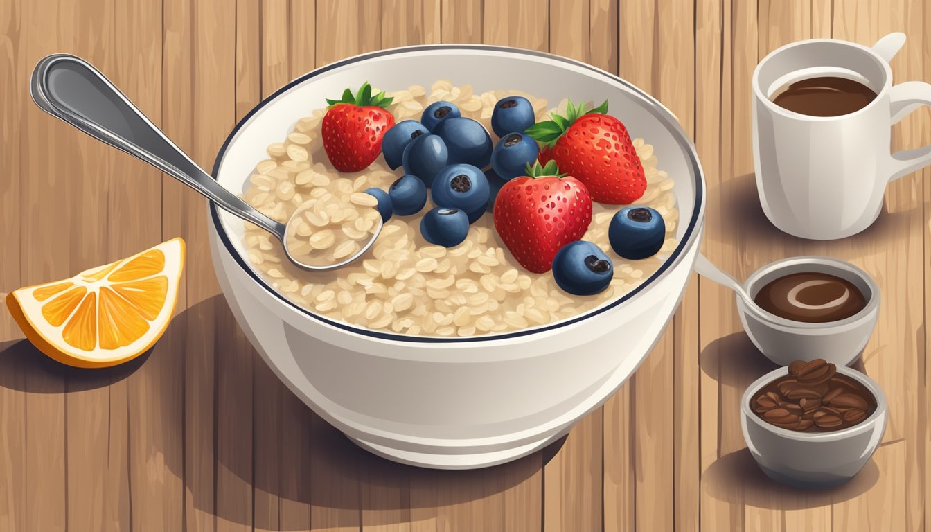 A bowl of classic oatmeal with a spoon on a wooden table, surrounded by a cup of coffee and a selection of fresh fruit