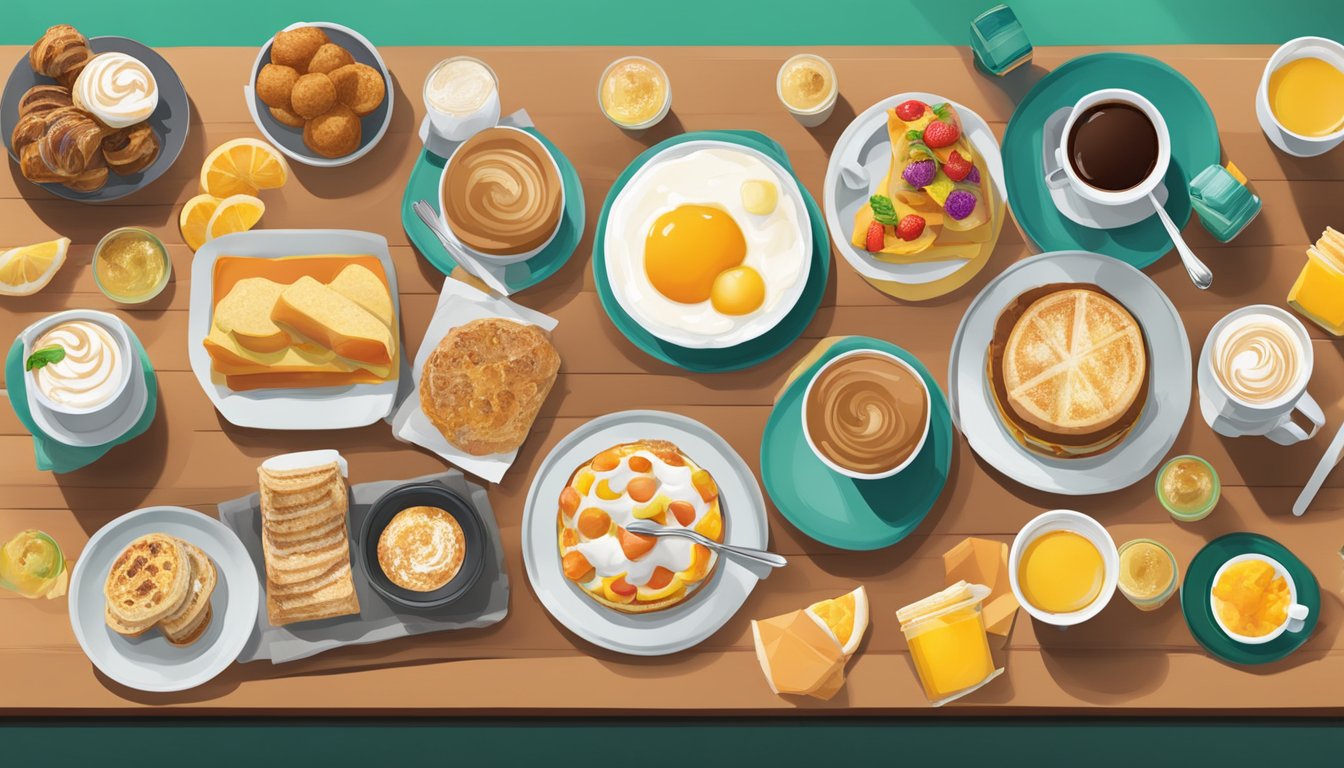 A table with a variety of Starbucks breakfast items creatively arranged, with colorful drinks and food items on display