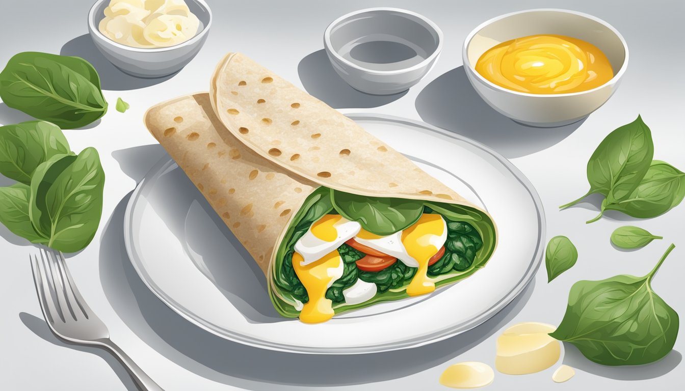 A colorful egg white and spinach wrap surrounded by fresh ingredients on a clean, white plate