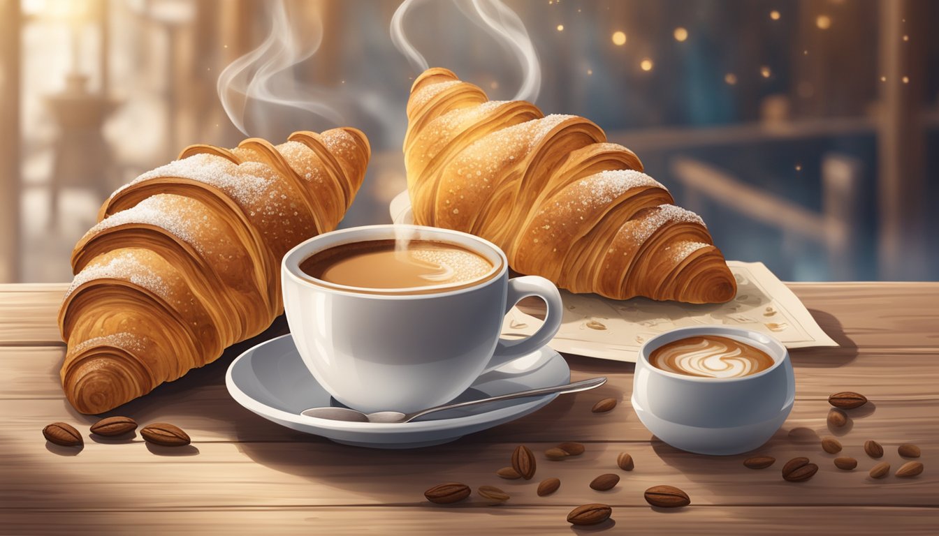 A steaming cappuccino sits next to a flaky almond croissant on a rustic wooden table, surrounded by scattered coffee beans and a cozy café ambiance