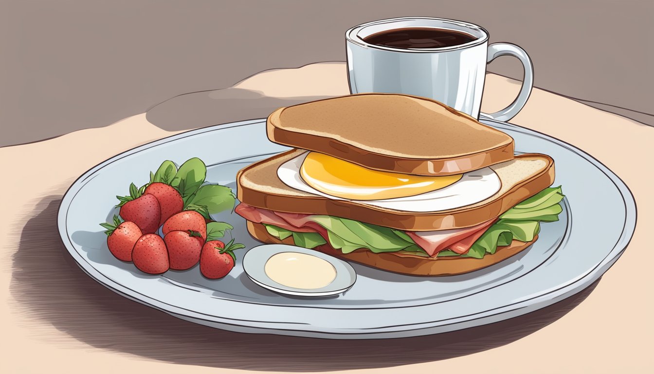 A sandwich with turkey bacon and egg whites on a plate, with a side of fresh fruit and a cup of coffee on a table