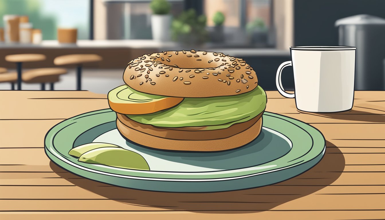 A sprouted grain bagel with avocado spread sits on a plate next to a cup of coffee at a Starbucks counter