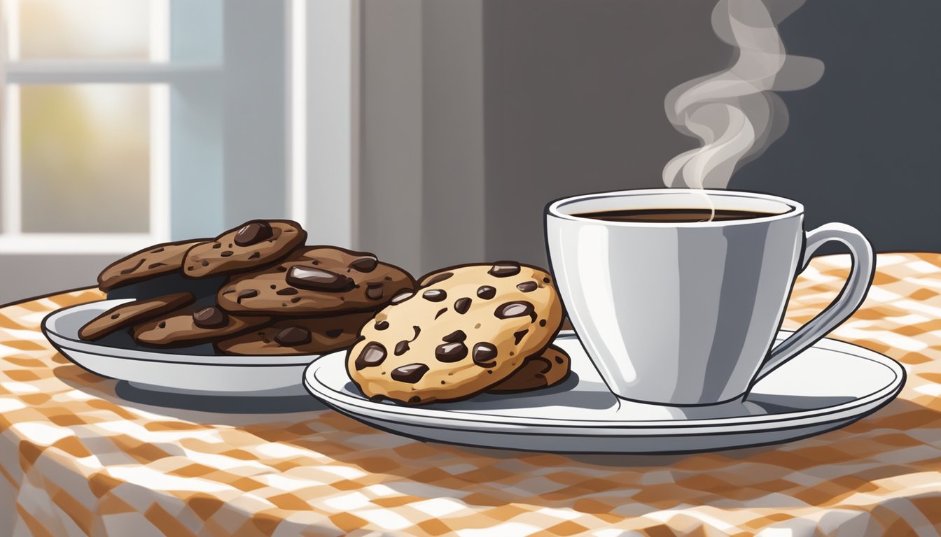 A steaming espresso sits next to a freshly baked chocolate chip cookie on a white saucer, with a patterned tablecloth in the background