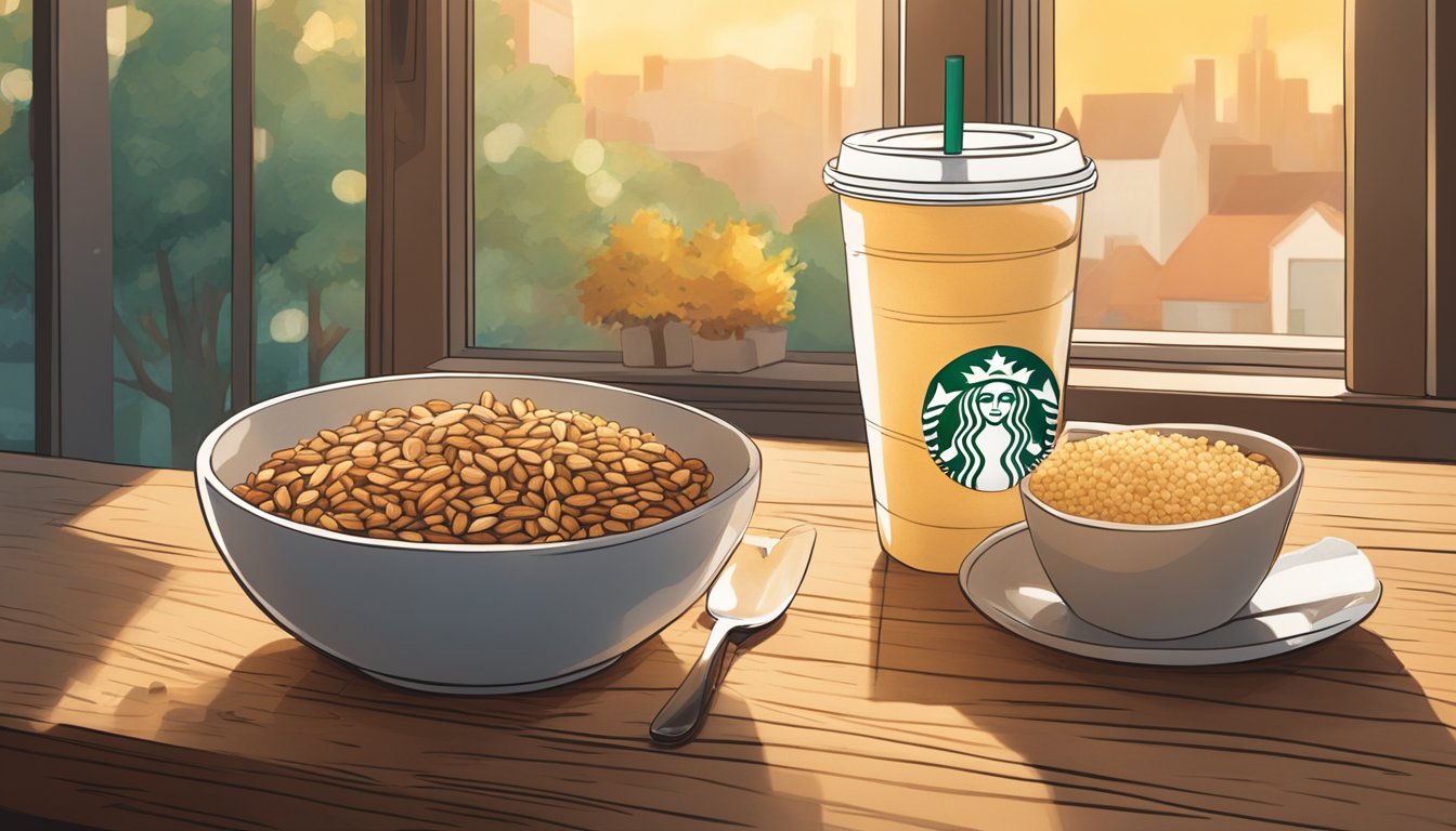 A bowl of grains and almonds sits on a wooden table, surrounded by a selection of Starbucks breakfast items. The morning light filters in through a nearby window