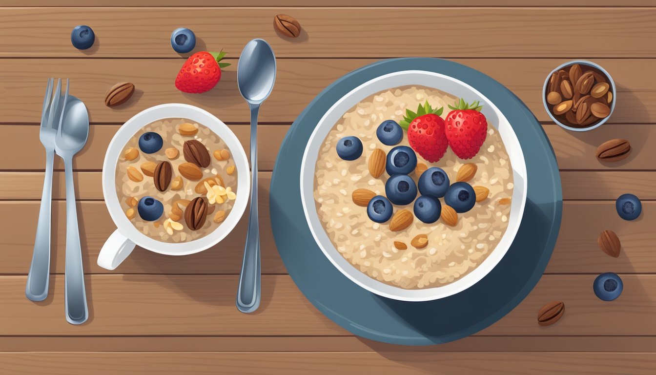 A bowl of classic oatmeal topped with fresh berries and a sprinkle of nuts, accompanied by a steaming cup of coffee on a wooden table