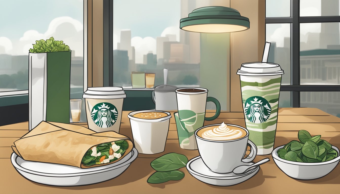 A table set with a flat white coffee, spinach feta wrap, and other breakfast items from Starbucks, with a cozy atmosphere