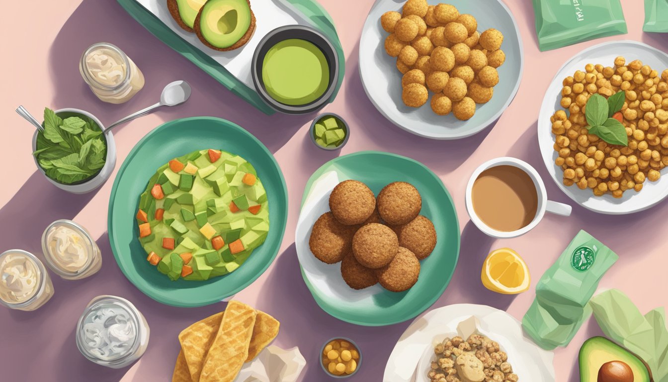 A colorful breakfast spread with chickpea bites, avocado, and other vegan options at a Starbucks counter