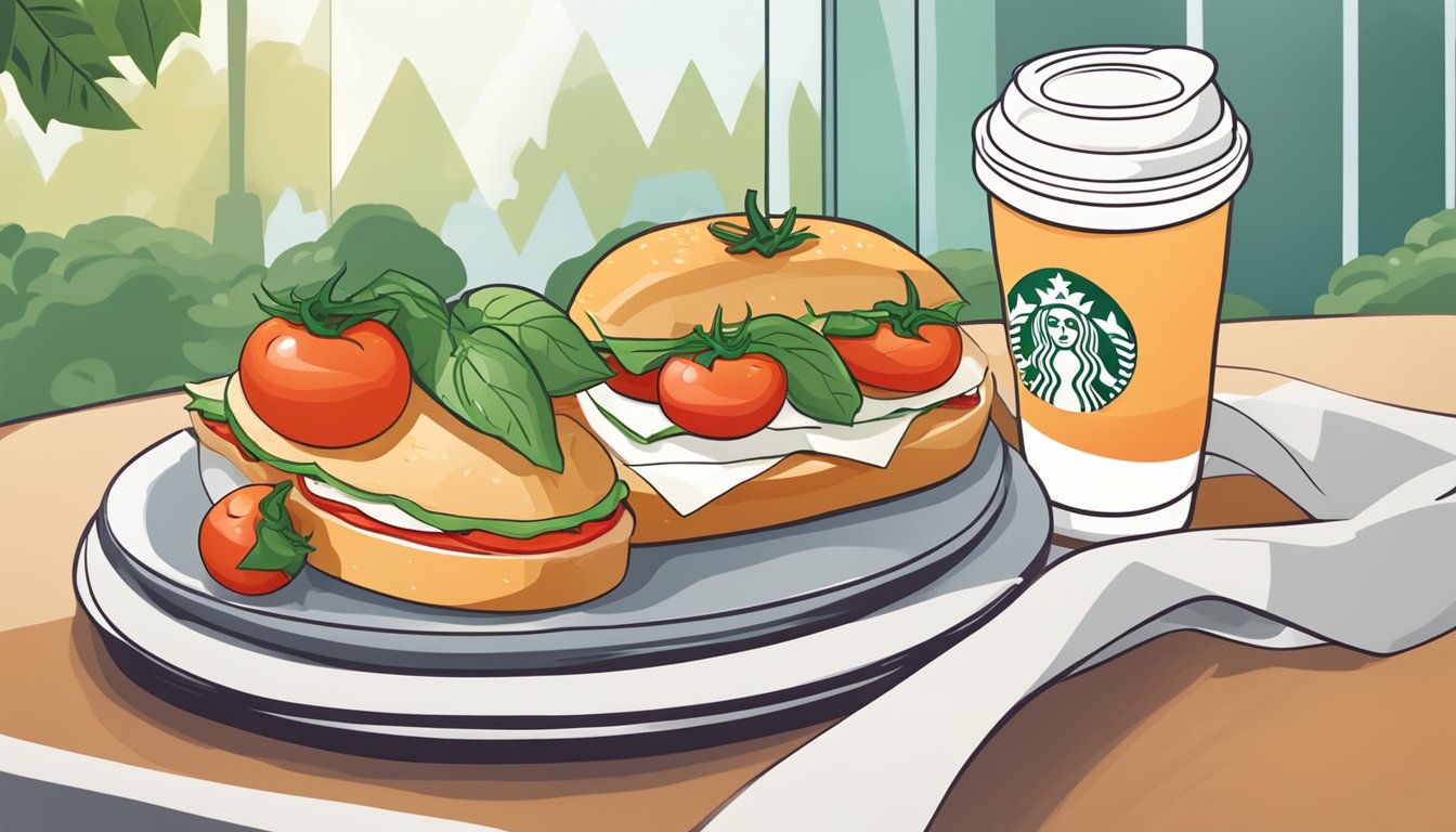 A colorful tomato and mozzarella sandwich surrounded by fresh ingredients on a plate, with a Starbucks logo in the background