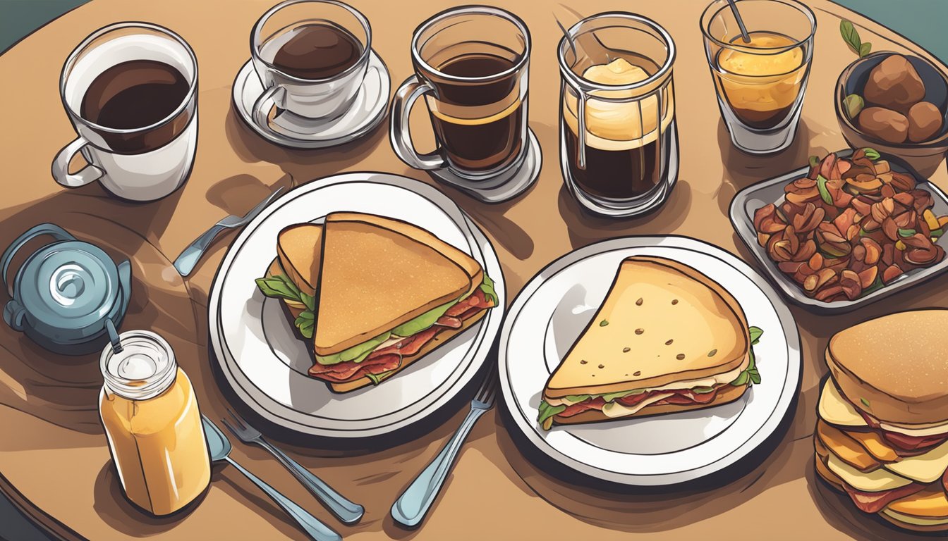 A table set with a cold brew coffee and a bacon gouda sandwich, surrounded by other breakfast items