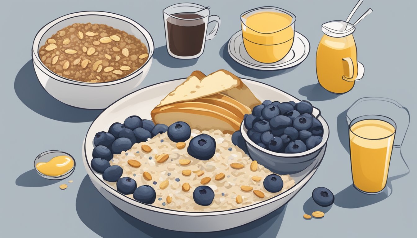 A bowl of blueberry oatmeal surrounded by a variety of breakfast items, all under 300 calories, displayed on a table at Starbucks