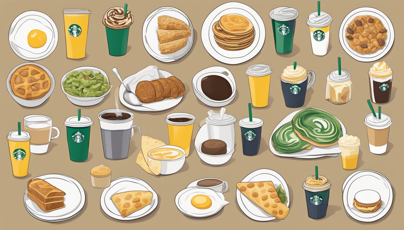 A table with 12 Starbucks breakfast items neatly arranged, each labeled with their respective calorie count