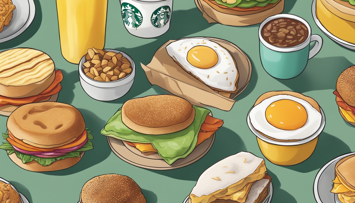 A colorful display of vegan breakfast options at Starbucks, including an Impossible Breakfast Sandwich with no egg or cheese