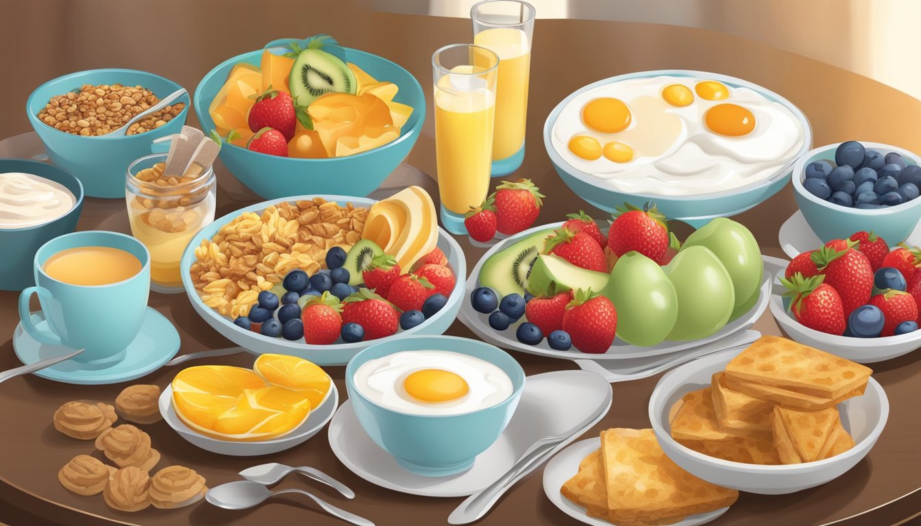 A table set with a variety of colorful and appetizing breakfast items, including fruits, yogurt, granola, and egg dishes, all under 300 calories