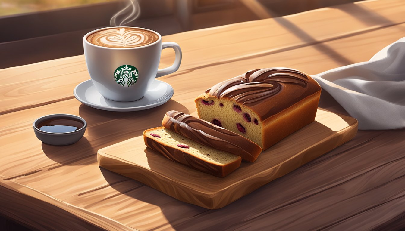 A freshly baked mocha and raspberry swirl loaf sits on a rustic wooden table next to a steaming cup of Starbucks coffee. Sunlight streams in through a nearby window, casting a warm glow on the delicious breakfast pairing