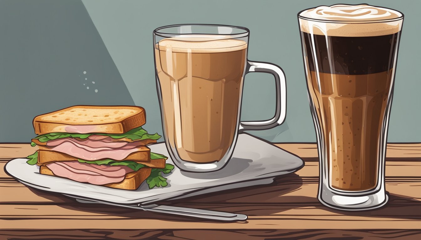 A steaming cup of nitro cold brew sits next to a freshly grilled ham and swiss panini on a rustic wooden table