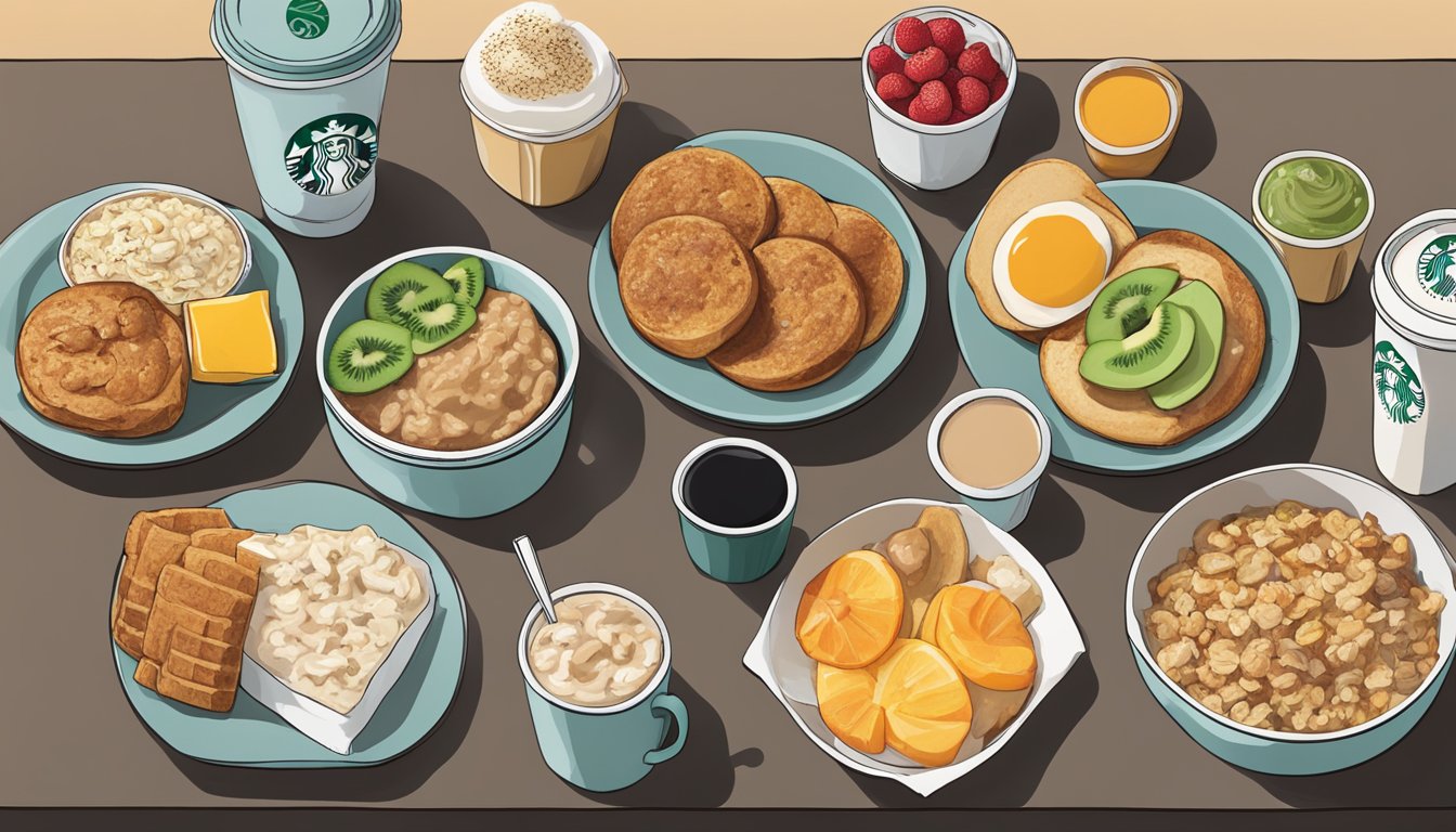 A colorful array of vegan breakfast options is displayed on a table at Starbucks, including oatmeal, fruit cups, and plant-based protein boxes